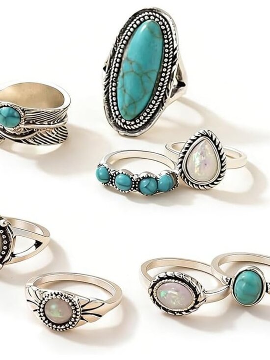Jewelry - Western Turquoise Ring Set for Women Vintage Knuckle Rings Turquoise Stackable R